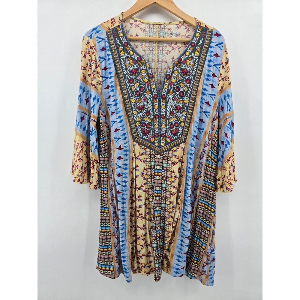 Soft Surroundings Tunic Womens XL Boho Mixed Print Embroidered V-Neck Multi EUC